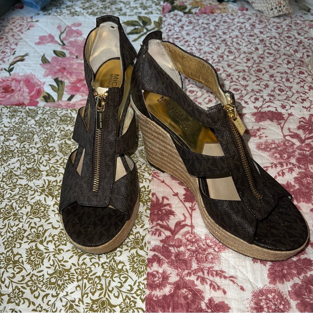 Michael Kors Signature Brown Leather Wedge Sandals